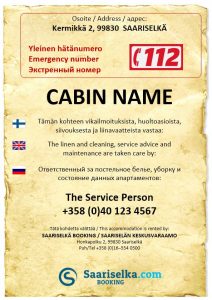 Guest info, Cabin book, Service person, Infoa majoittujalle